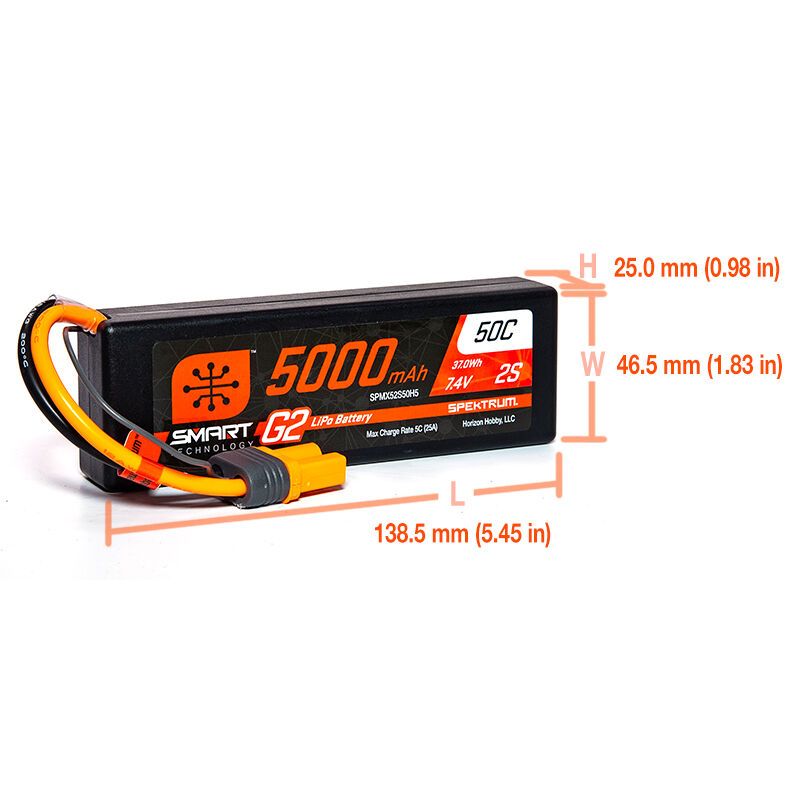 Spektrum 5000mAh 2S 7.4V Smart G2 LiPo 50C Hard Case; IC5