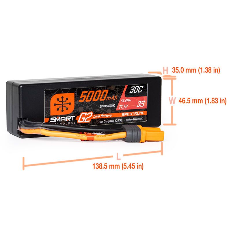 Spektrum 5000mAh 3S 11.1V 30C Smart G2 LiPo IC5 Hardcase