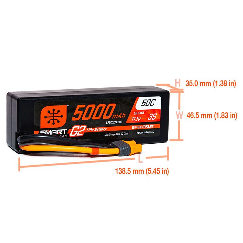 Spektrum 5000mAh 3S 11.1V 50C Smart G2 LiPo IC3 Hardcase