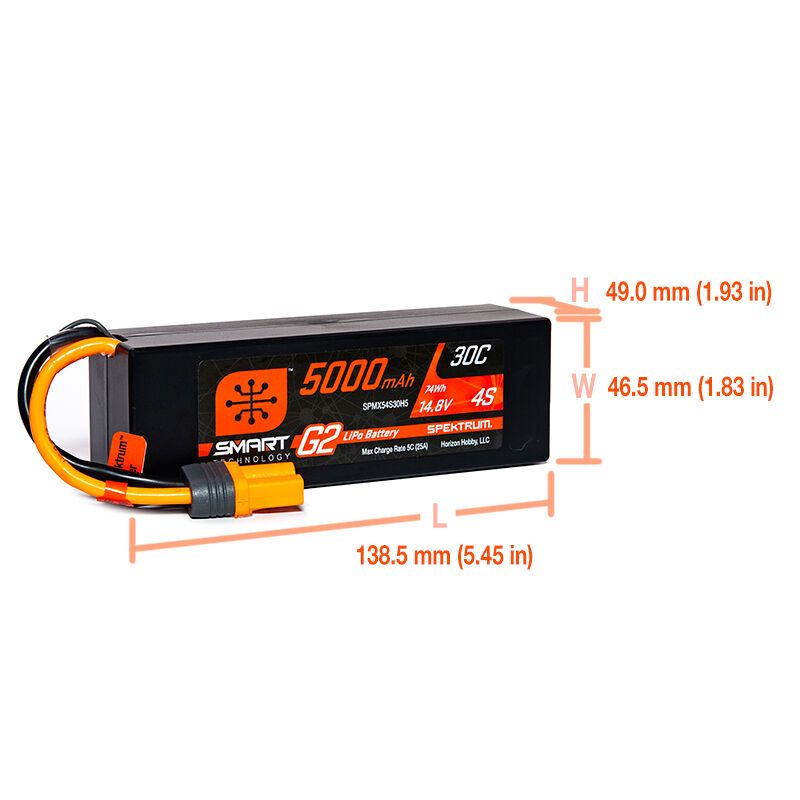 Spektrum 5000mAh 4S 14.8V Smart G2 LiPo 30C Hard Case; IC5