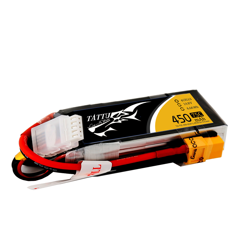 Tattu - 230 - 450mAh 4S1P 14.8V 75C LiPo XT30 Plug Soft Case - Long for H Frame 64.5x16.5x27mm