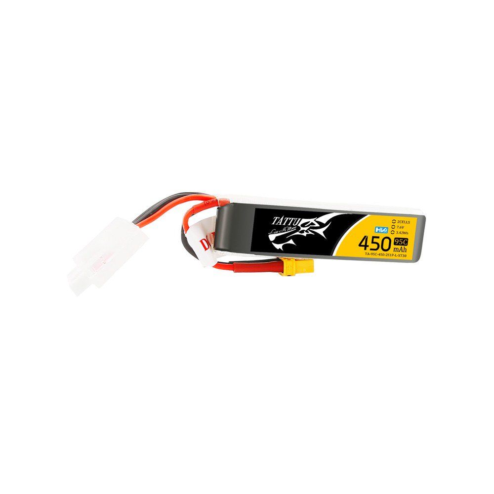 Tattu - 627 - 450mAh 7.6V High Voltage 95C 2S1P Lipo Battery Pack with XT30 Plug - Long Pack 62.5x16.2x14.7mm