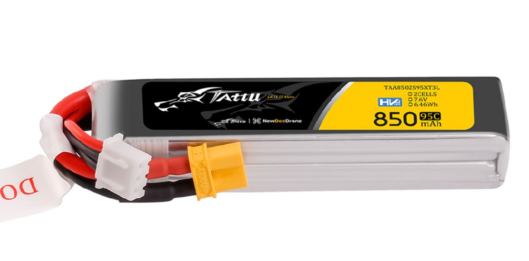 Tattu 850mAh 2S 7.6V HV 95C Lipo Long Pack with XT30 plug