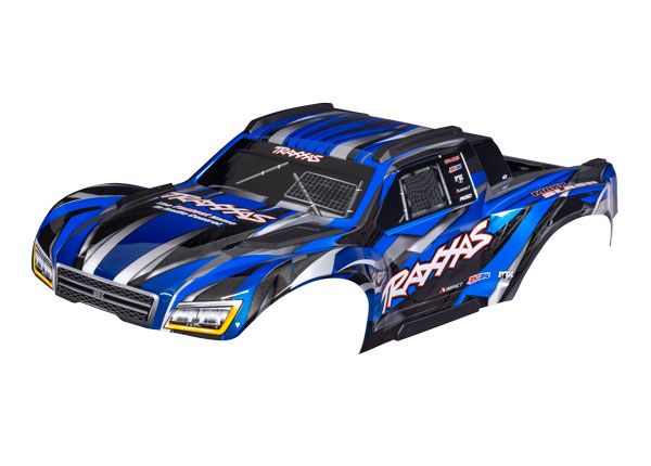 Traxxas Body, Maxx Slash, blue (painted)/ decal sheet (assembled with body support, body plastics, & latches for clipless mounting)