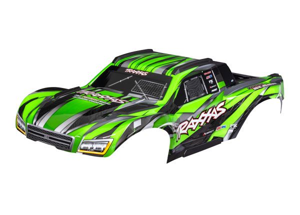 Traxxas Body, Maxx Slash, green (painted)/ decal sheet (assembled with body support, body plastics, & latches for clipless mounting)