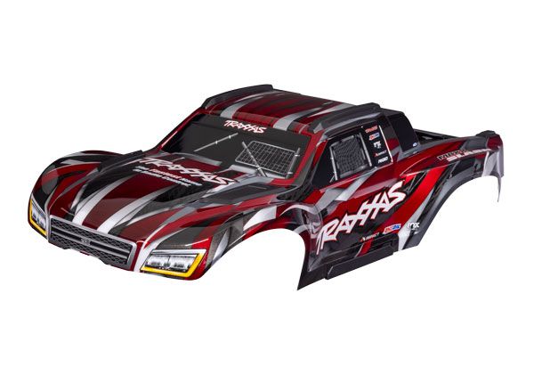 Traxxas Body, Maxx Slash, red (painted)/ decal sheet (assembled with body support, body plastics, & latches for clipless mounting)