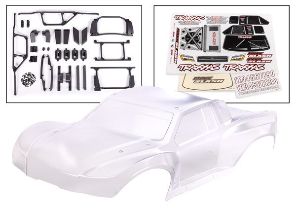 Traxxas Body, Maxx Slash (clear, requires painting)/ window masks/ decal sheet (includes body support, body plastics, latches, & hardware for clipless mounting)