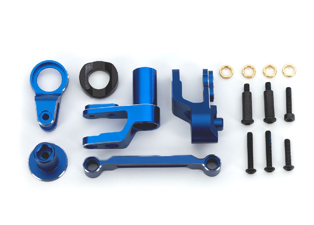 Traxxas Steering bellcranks, draglink (blue-anodized 6061-T6 aluminum)/ bellcrank bushing (1)/ 3x20mm BCS (with threadlock) (2)/ 3x20mm BCS (with threadlock) (2)/ 3x20mm shoulder screws (with threadlock) (2)/ 3x15mm BCS (with threadlock) (1)/ 3x15mm CS (with thre
