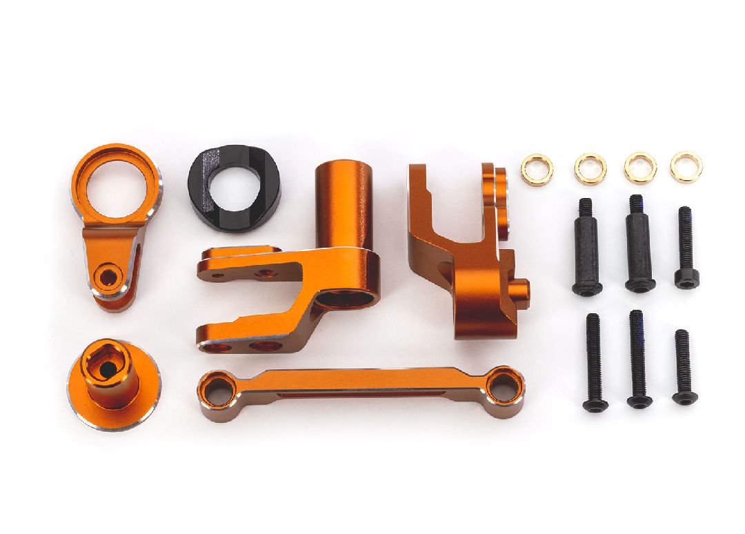 Traxxas Steering bellcranks, draglink (orange-anodized 6061-T6 aluminum)/ bellcrank bushing (1)/ 3x20mm BCS (with threadlock) (2)/ 3x20mm BCS (with threadlock) (2)/ 3x20mm shoulder screws (with threadlock) (2)/ 3x15mm BCS (with threadlock) (1)/ 3x15mm CS (with th