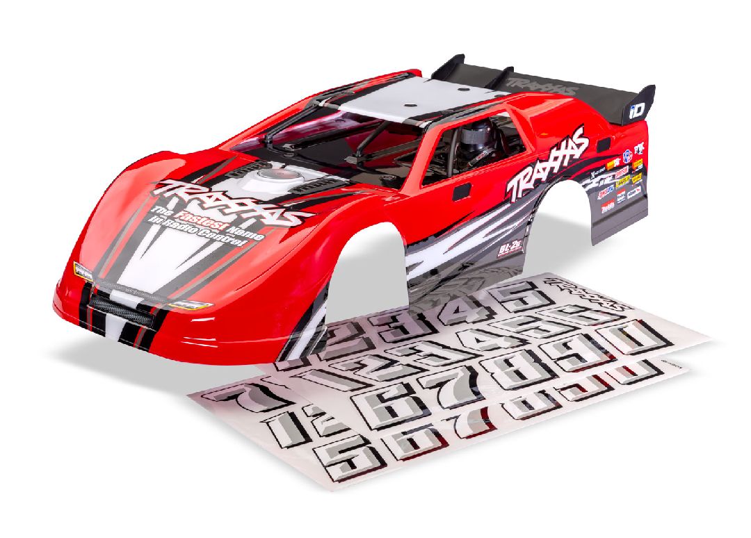 Traxxas Body, Slash Late Model, red (painted, decals applied) (assembled with front & rear body latches and body support for clipless mounting)
