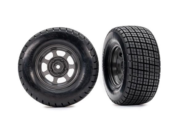 Traxxas Tires & wheels, assembled, glued (dirt oval, graphite gray wheels, Hoosier tires, foam inserts) (2) (4WD front/rear, 2WD rear only)