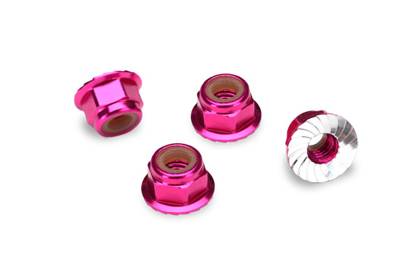 Traxxas Nuts, 4mm aluminum, flanged, serrated (pink-anodized) (10)