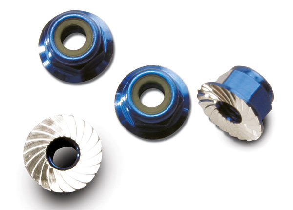 Traxxas 4mm Aluminum Flanged Serrated Nuts (Blue) (4) - Click Image to Close