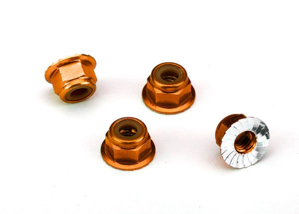 Traxxas 4mm Aluminum Flanged Serrated Nuts (Orange) (4)