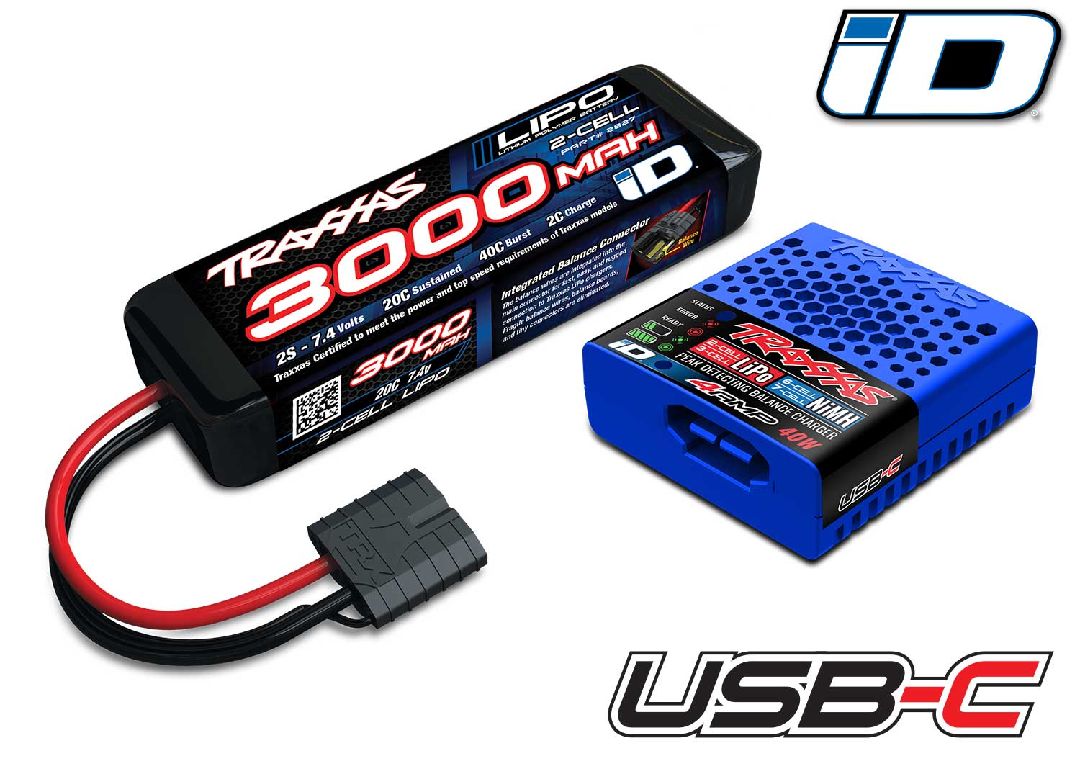 Traxxas Battery/Charger Completer Pack (Includes #2985 USB-C NiMH/LiPo iD Charger (1),#2827X 3000mAh 7.4V 2-cell LiPo iD Battery (1))