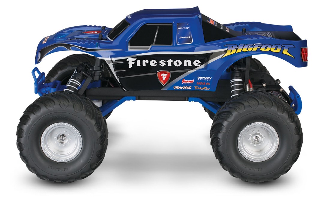 Traxxas Bigfoot Firestone 1/10 Scale 2WD Monster Truck - Blue, XL-5 brushed esc with Titan 12t motor, with 7 cell NiHM battery and 4A DC charger