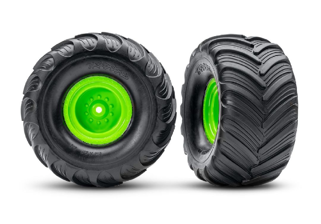 Traxxas Terra Groove Tires mounted on green wheels (2)(rear)