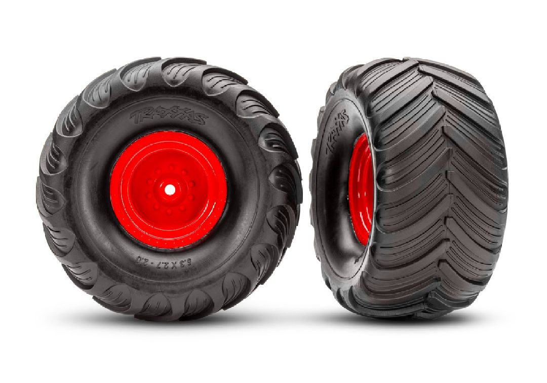 Traxxas Terra Groove Tires mounted on red wheels (2)(rear)
