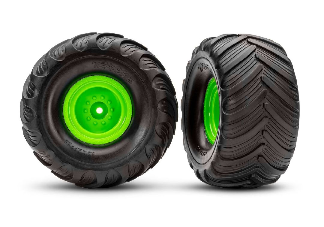 Traxxas Terra Groove Tires mounted on green wheels (2)(front)