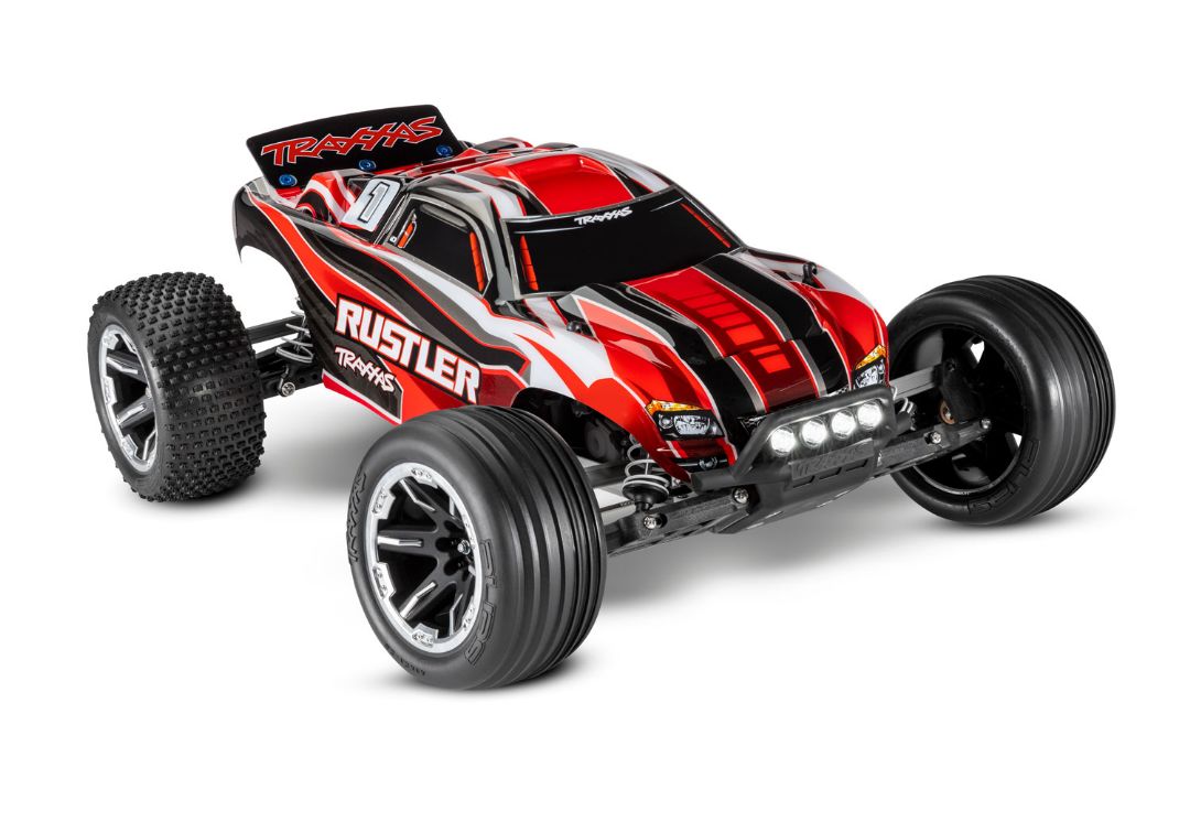 Traxxas Rustler Brushed 1/10 RTR Stadium Truck Red with LED Lights, XL-5 ESC, 12t motor, 7 cell NiMH battery, 4A DC charger