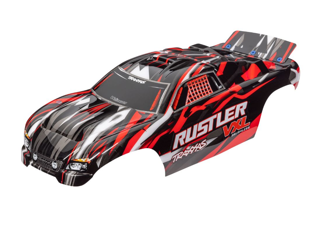 Traxxas Body, Rustler VXL, Red (Painted, Decals Applied) - Click Image to Close