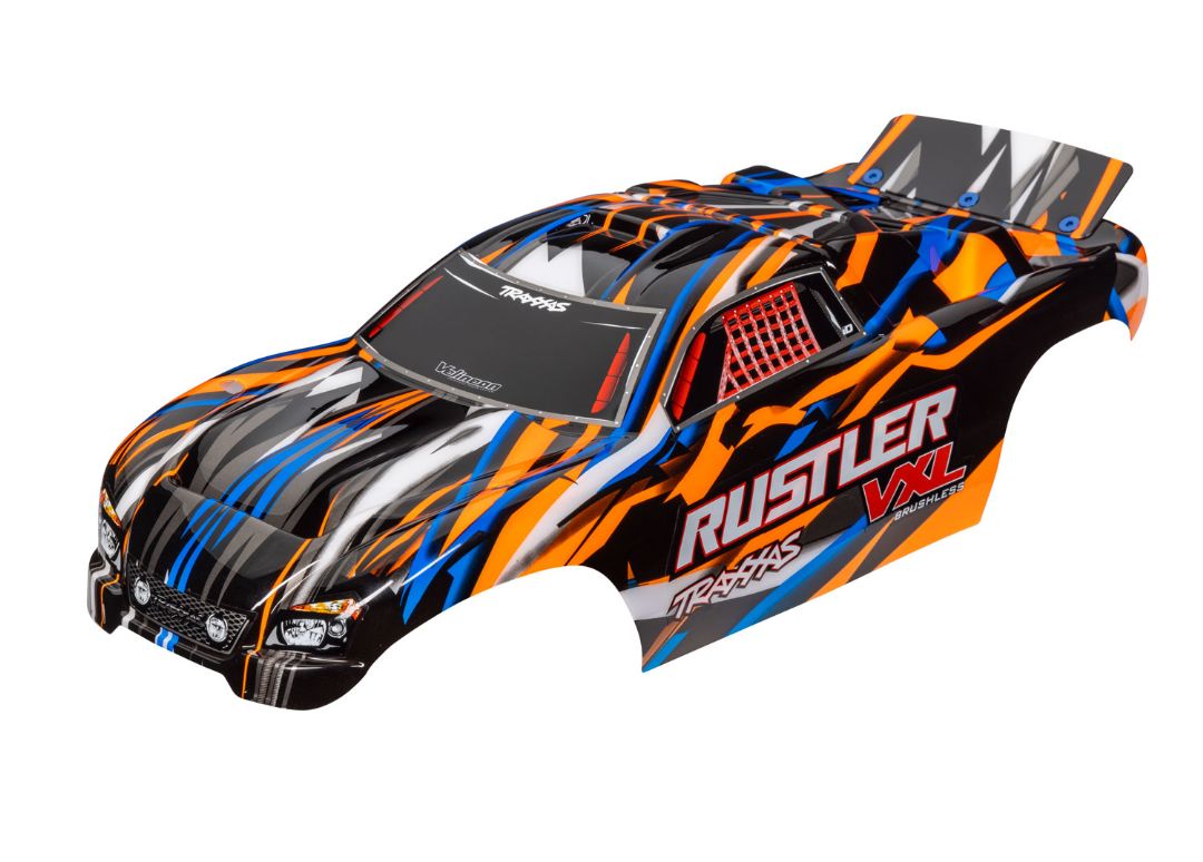 Traxxas Body, Rustler VXL, Orange (Painted, Decals Applied) - Click Image to Close