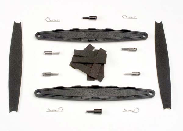 Traxxas Hold Downs, Battery (2)/ Adhesive Foam Battery Pads/ Shoulder Screws (2)/ Battery Hold-Down Posts (4)/ Clips (4)