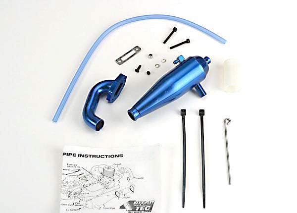 Traxxas Aluminum Tuned Pipe & Header (Complete w/Mounting Hardware) (Strong Power Across Mid And Upper Rpm Range) (Blue-Anodized)