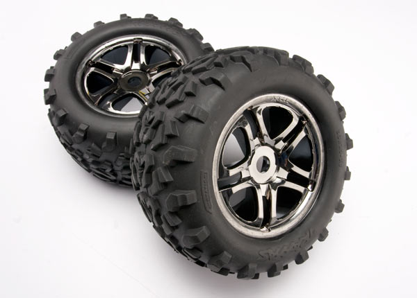 Traxxas Pre-Mounted Maxx Tires w/Split Spoke (black chrome) (2) - Click Image to Close