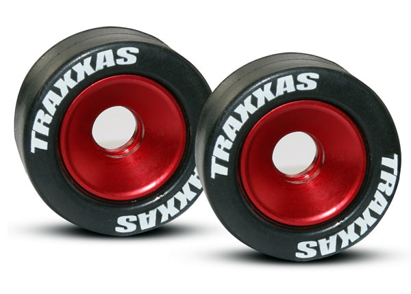 Traxxas Wheels, aluminum (red-anodized) (2)/ 5x8mm ball bearings (4)/ axles (2)/ rubber tires (2)