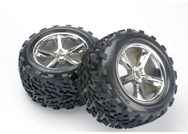 Traxxas Tires & wheels, assembled, glued (Gemini chrome wheels,