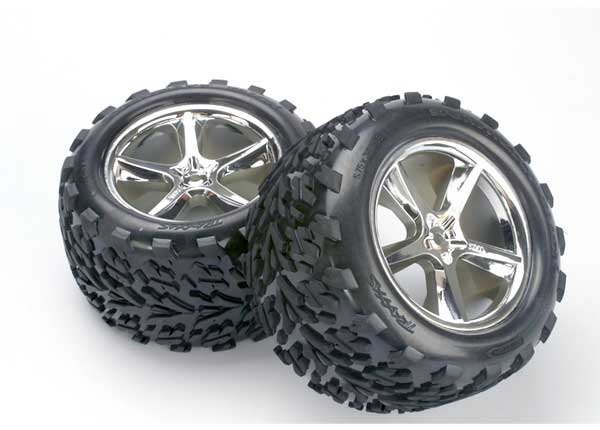 Traxxas Tires & wheels, assembled, glued (Gemini chrome wheels, - Click Image to Close