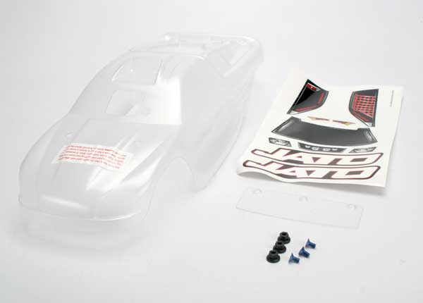 Traxxas Body, Jato (clear, requires painting)/window, lights decal sheet/ wing and aluminum hardware