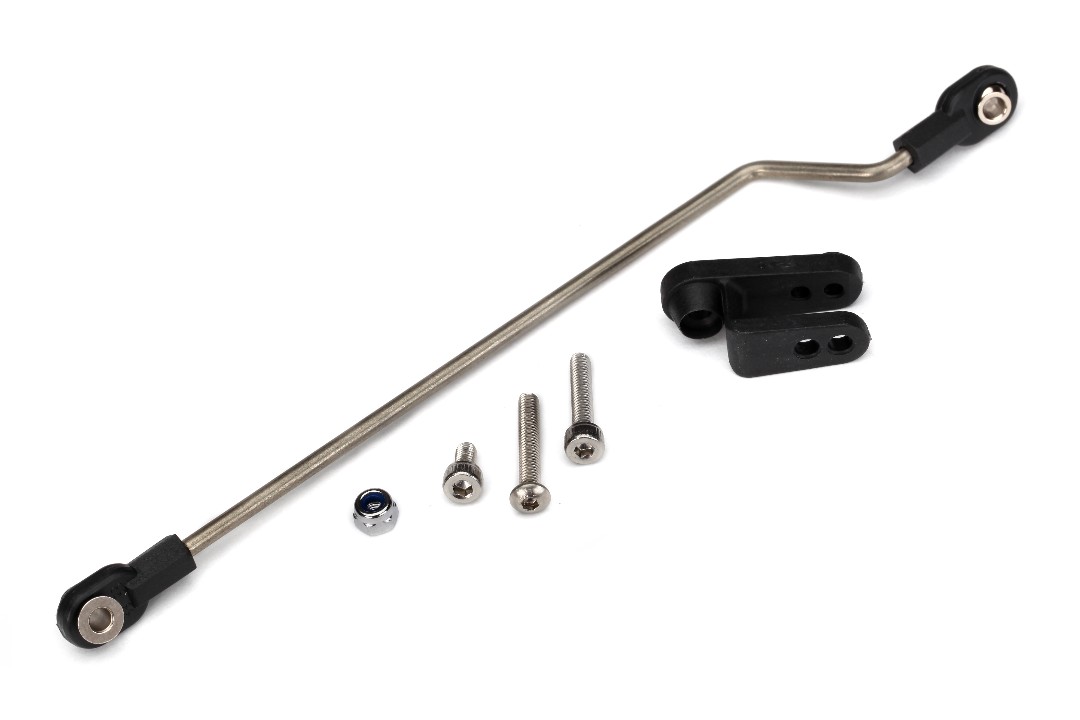 Traxxas Rudder pushrod, assembled/ servo horn/ 3x18mm BCS (stainless) (1)/ 3x15mm CS (stainless) (1)/ 3x6mm CS (stainless) (1)/