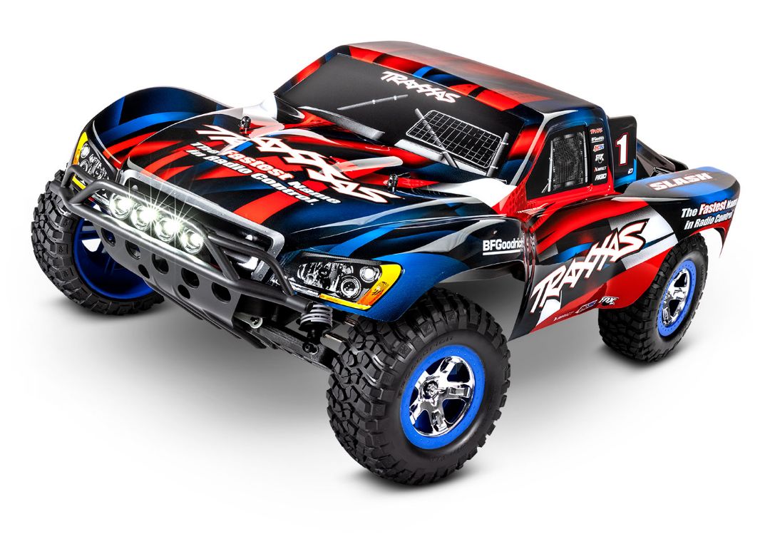 Traxxas Slash 2WD 1/10 RTR Electric Short Course Truck Red/Blue, LED Lights, 7-cell NiHM Battery. 4A DC charger. Brushed ESC XL-5 with Titan 12t