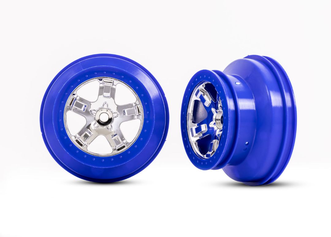 Traxxas 4WD F/R & 2WD Rear SCT Satin/Blue Beadlock wheels - Click Image to Close