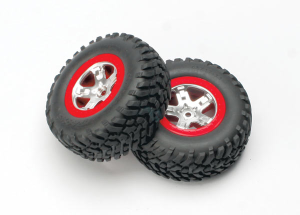 Traxxas Tires & wheels, assembled, glued (SCT satin chrome, red- - Click Image to Close