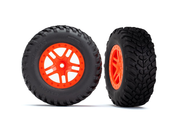 Traxxas Tires & wheels, assembled, glued (SCT Split-Spoke orang - Click Image to Close