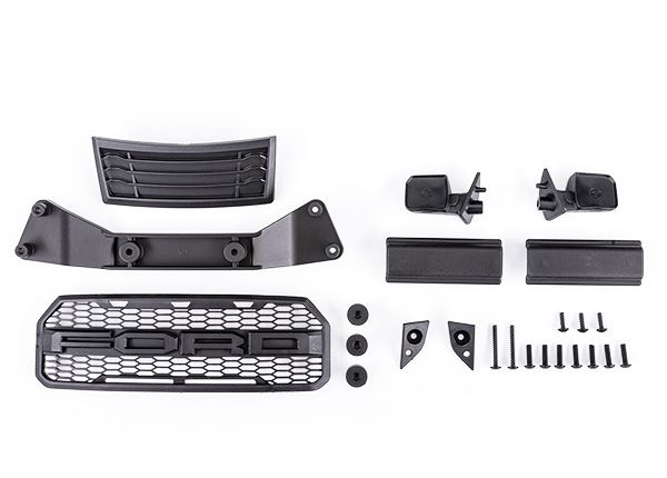 Traxxas Grille/ grille mount/ mirrors, side (left & right)/ mirror mounts (left & right)/ body mount adapter/ rear latch retainers (2)/ 2.6x8mm BCS (self-tapping) (3)/ 2.6x20mm BCS (self-tapping) (2)/ 3x10mm BCS (8) (fits #5916 body)