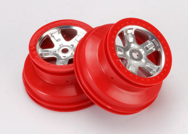 Traxxas Wheels, Sct Satin Chrome With Red Beadlock, Dual Profile - Click Image to Close