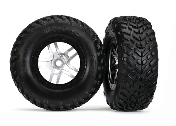 Traxxas Tires & Wheels, Assembled, Glued (S1 Compound) (Sct Split-Spoke Satin Chrome, Black Beadlock Style Wheels, Dual Profile (2.2
