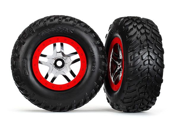 TraxxasTires & wheels, assembled, glued (SCT Split Spoke Chrome, Red beadlock style, dual profile (2.2