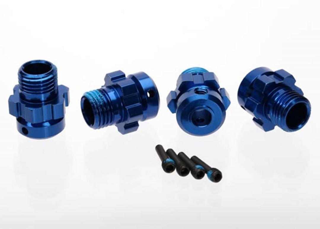 Traxxas Traxxas Wheel hub, splined, 17mm, 6061-T6 aluminum (blue-anodized) (4)/ screw pin, 4x13mm (with threadlock) (4) (for 6mm axles)