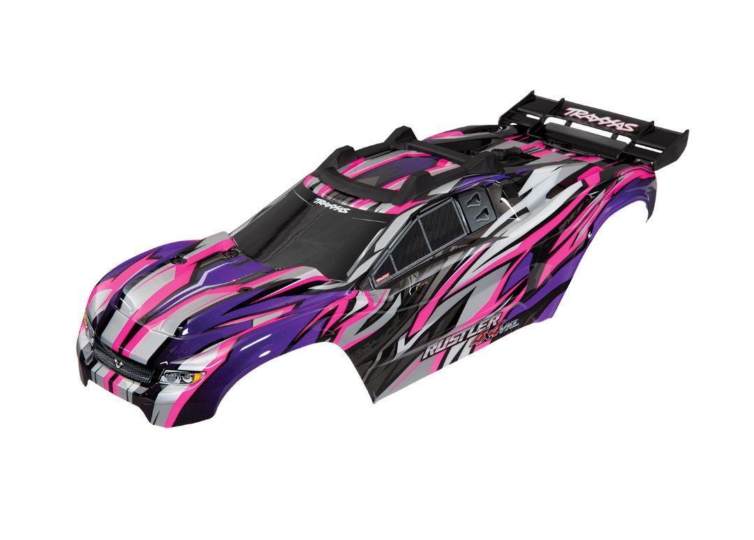 Traxxas Body, Rustler 4X4 VXL, pink/ window, grill, lights decal sheet (assembled with front & rear body mounts and rear body support for clipless mounting)