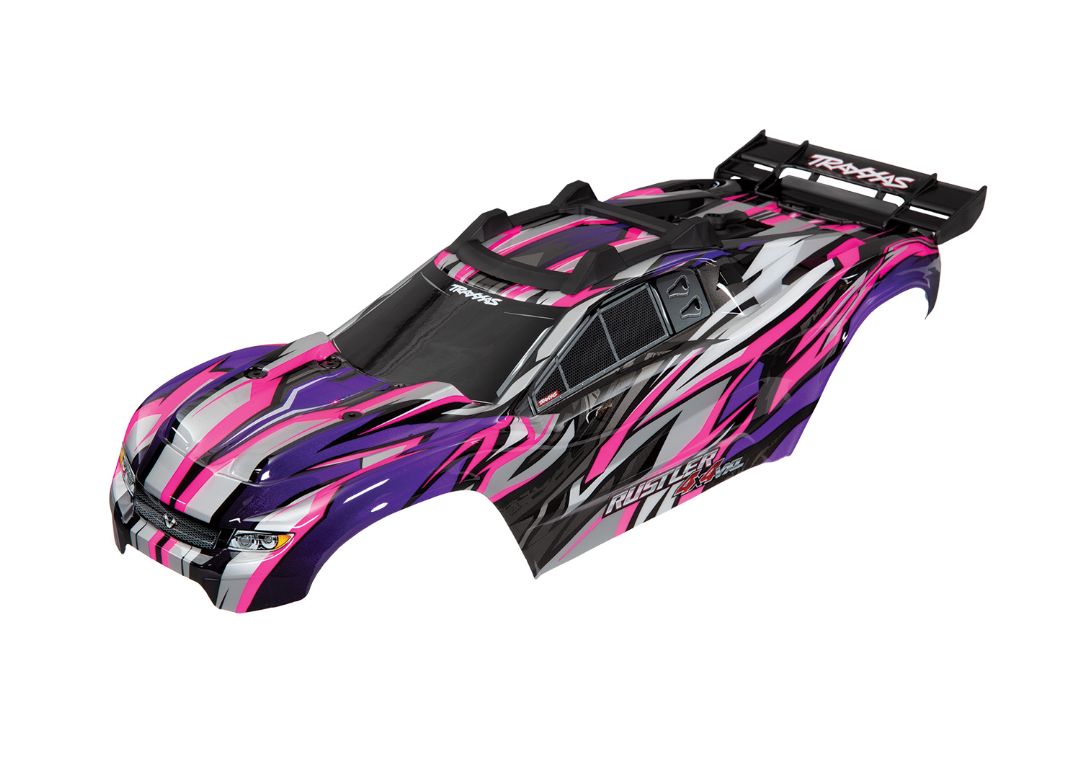 Traxxas Body, Rustler 4X4 VXL, pink/ window, grill, lights dec - Click Image to Close