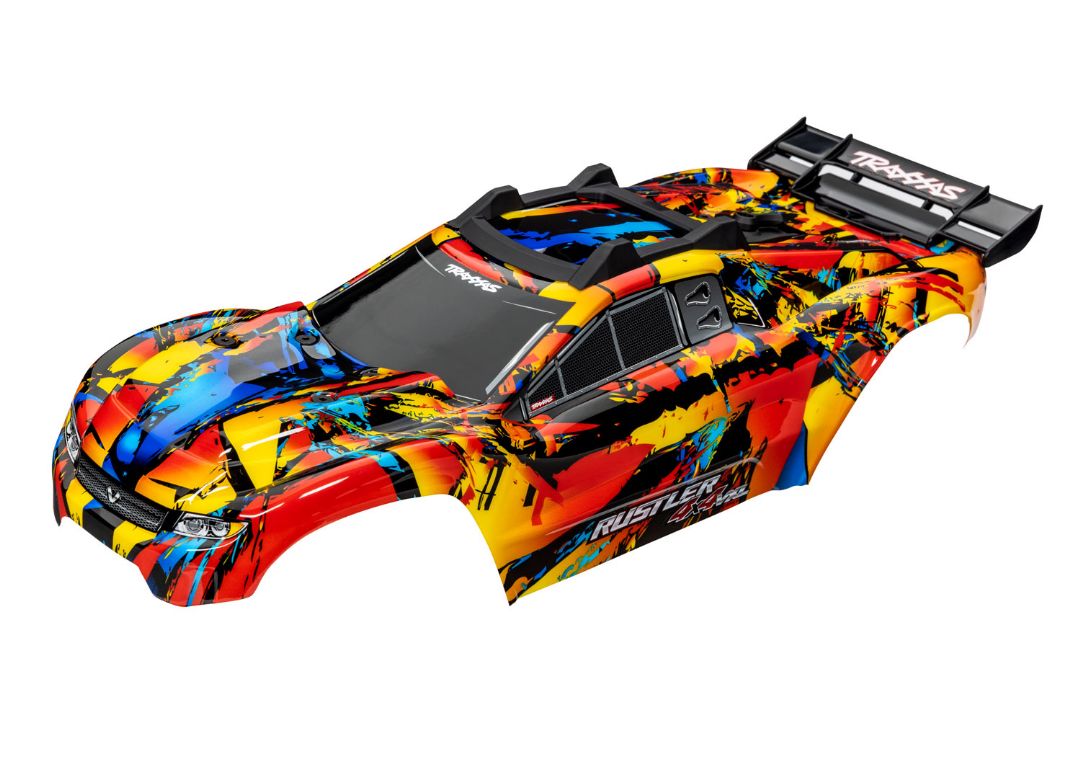 Traxxas Body, Rustler 4x4 VXL, Solar Flare (painted, decals applied) (assembled with front & rear body mounts and rear body support for clipless mounting)