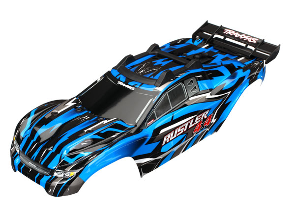 Traxxas Body, Rustler 4X4, blue/ window, grill, lights decal sheet (assembled with front & rear body mounts and rear body support for clipless mounting)