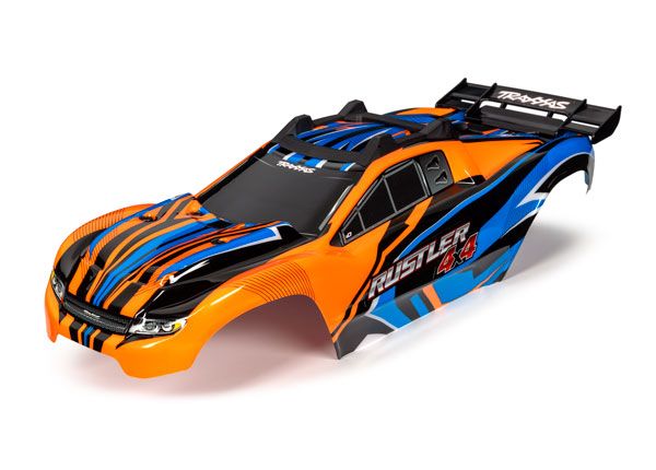 Traxxas Body, Rustler 4X4, Orange & Blue/ Window, Grille, Lights Decal Sheet (Assembled With Front & Rear Body Mounts And Rear Body Support For Clipless Mounting)