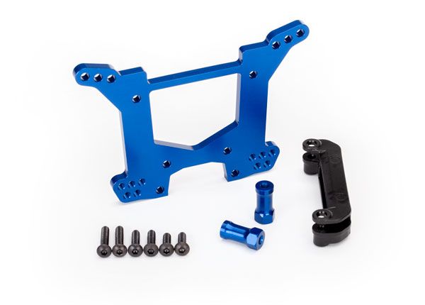 Traxxas Shock tower, rear, 7075-T6 aluminum (blue-anodized) (1)/ body mount bracket (1)