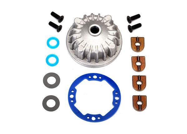 Traxxas Housing, center differential (aluminum)/ x-ring gaskets (2)/ ring gear gasket/ bushings (2)/ 5x10x0.5mm PTFE-coated washers (2)/ 2.5x8 CCS (4)